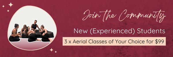 Promo banner for new students with aerial experience. Click to buy 3 classes for $99
